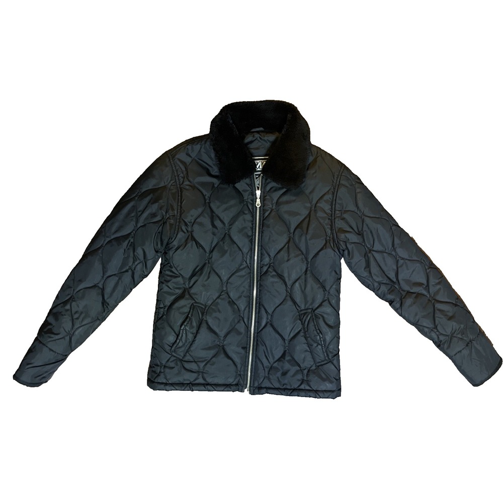 Vintage Rainbow West Quilted Jacket Faux Fur Trim Black Full Zip Womens M